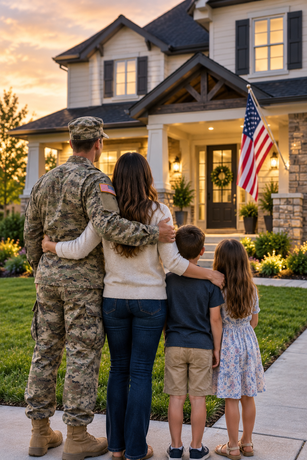 A military family looking at their new home at sunset